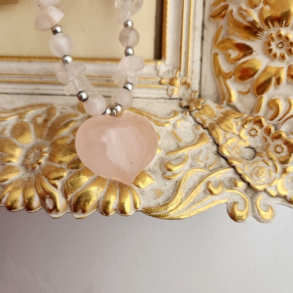 Rose Quartz Natural Stone Heart Necklace Chocker - Picture 2 of 7